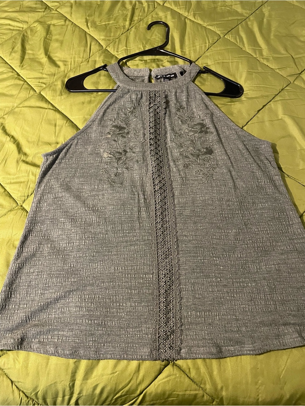 Cable & Gauge Light Olive Green  Embroidered Halter Tank
